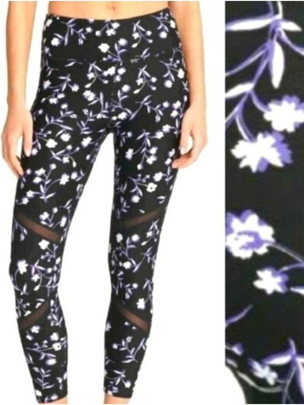 DKNY Sport Floral Print Mesh Inset Trim Athletic Training Yoga Pants Leggings XS